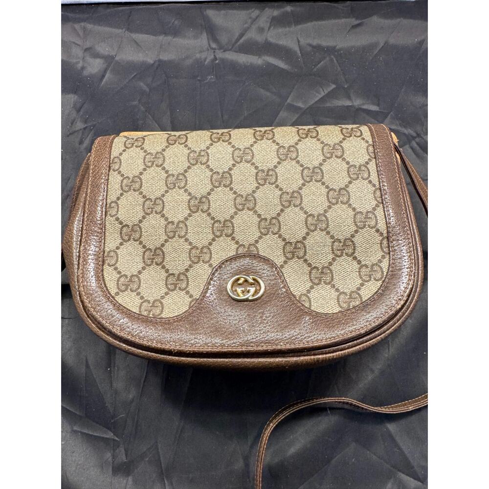Vintage Gucci 1980s GG Supreme Canvas Brown Leather Crossbody Saddle Bag Italy - Picture 2 of 11